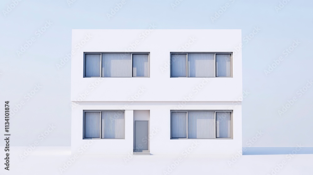A minimalist white building with large windows and curtains. A minimalist white building with large windows and curtains.