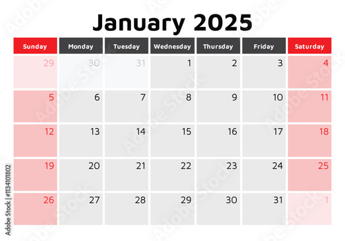 2025 january calendar. Vector English winter monthly calendars. Design with Sunday start