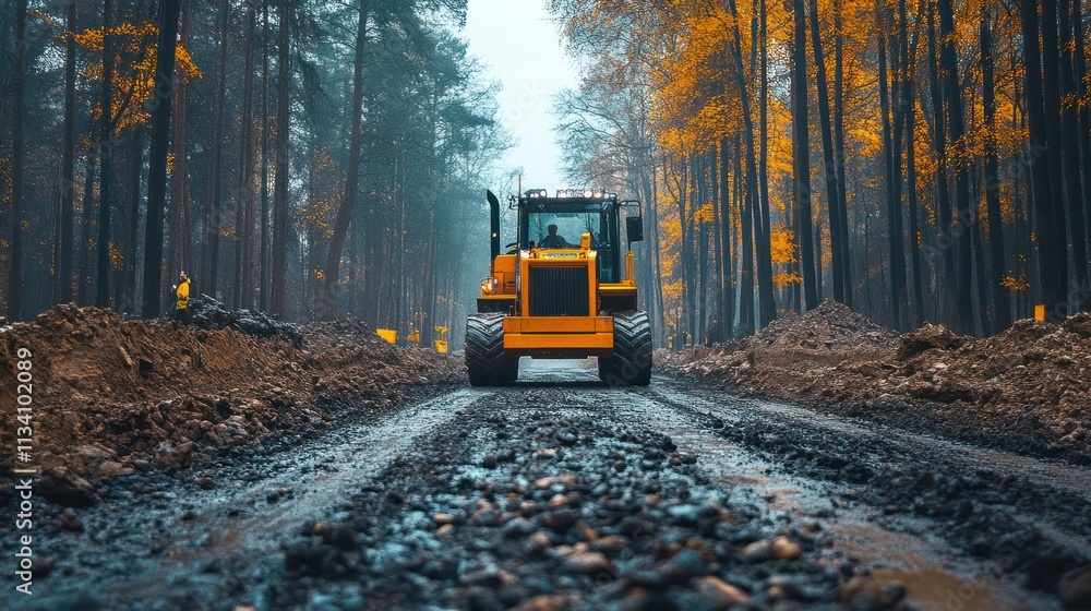 Forest Road Construction: A Bulldozer Carving a Path Through Autumn Woods Forest Road Construction: A Bulldozer Carving a Path Through Autumn Woods