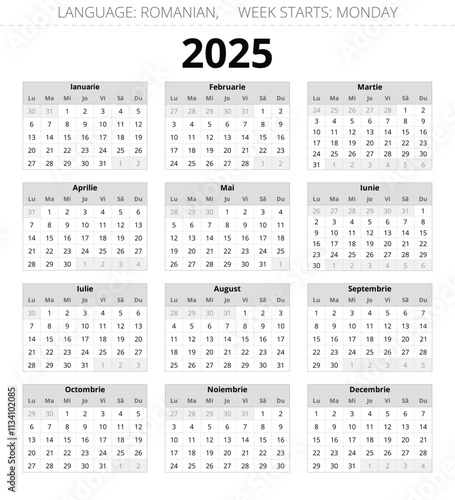 2025 year romanian calendar. Vector illustration for Romania and Moldova
