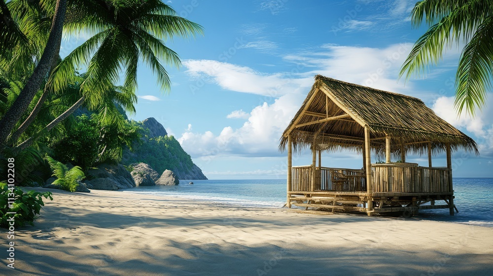 A bamboo hut on a sandy beach, with an open design allowing sea breezes to flow through and palm trees in the background