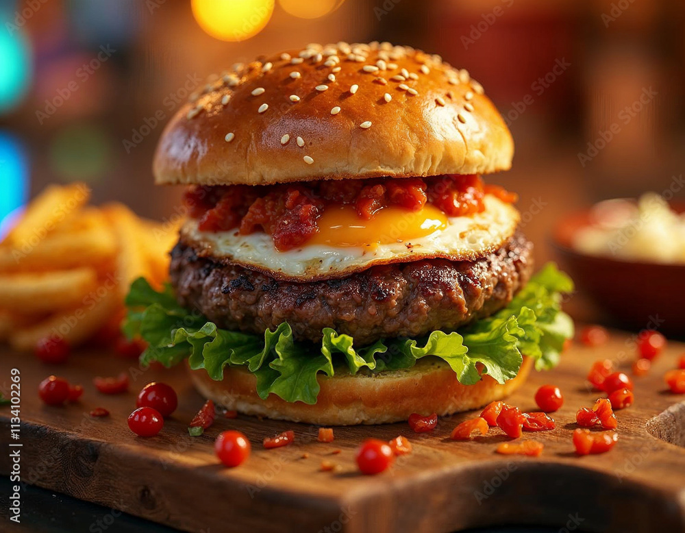 Close-Up of a Juicy Burger with Fresh Ingredients and Golden Fries on a Rustic Table Close-Up of a Juicy Burger with Fresh Ingredients and Golden Fries on a Rustic Table
