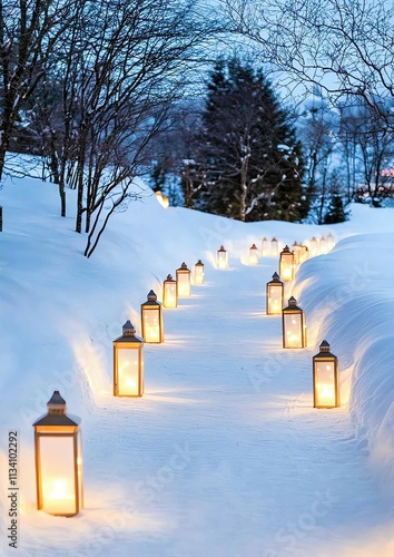 Chinese Newyear Venice Carnival Basant Kite Sapporo Snow Festival Illuminated path in snowy winter landscape.
