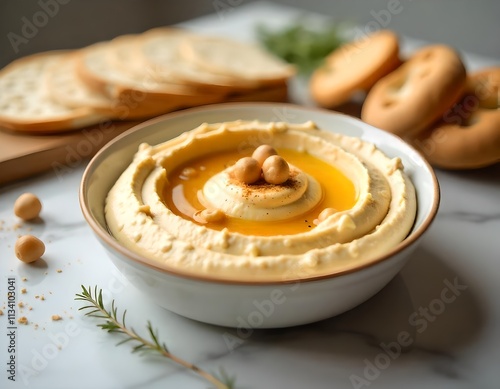 A plate of ground chickpeas with tahini with oil and olives, beautifully garnished with vegetables (tomato, parsley, cucumber), an appetizer of food from the Middle East