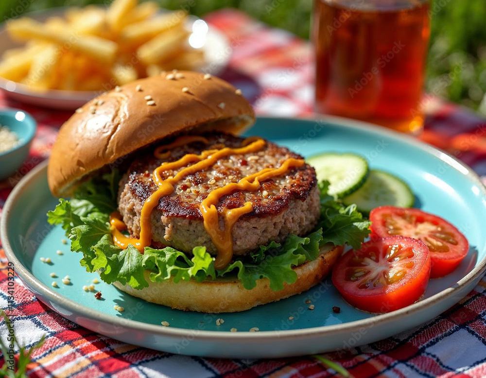 Mouthwatering Burger with Juicy Patty and Fresh Vegetables in Natural Lighting Mouthwatering Burger with Juicy Patty and Fresh Vegetables in Natural Lighting