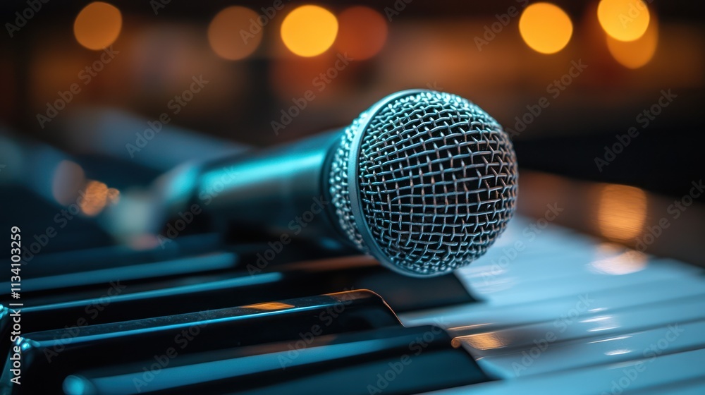 Microphone on Piano Keys: A Serene Musical Scene Microphone on Piano Keys: A Serene Musical Scene
