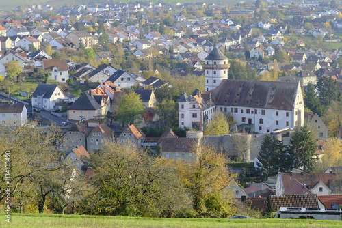 Blick von den Weinbergen bei Rimpar, auf den Ort Rimpar und sein Schloss Grumbach, Landkreis Würzburg, Franken, Unterfranken, Bayern, Deutschland