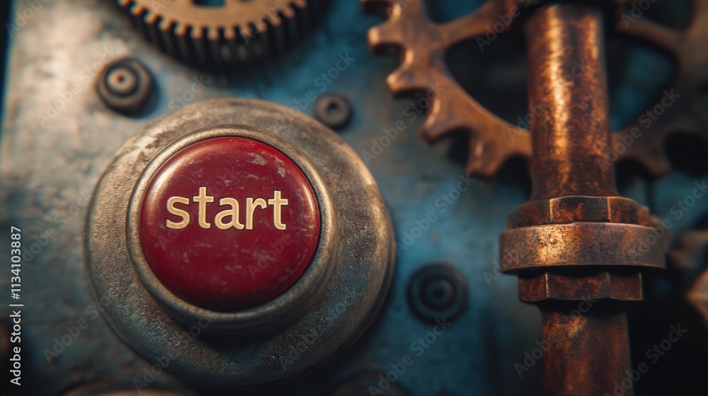 Close-up of a red start button amidst intricate steampunk gears and metal components. Close-up of a red start button amidst intricate steampunk gears and metal components.