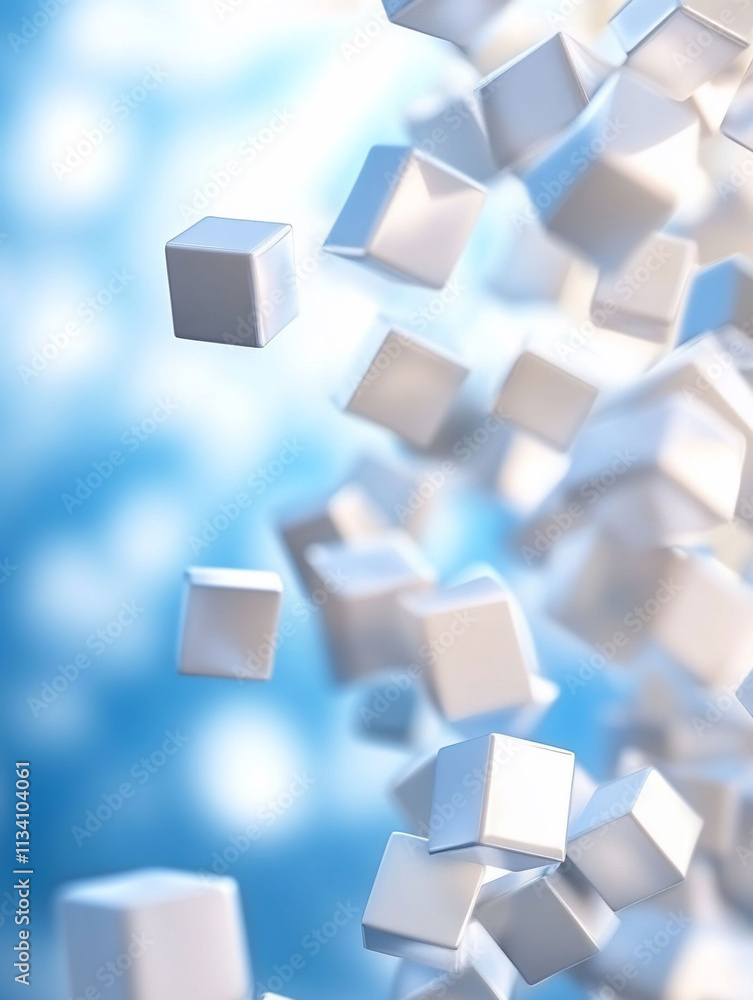 Floating white cubes against a blue background create a dreamy effect. Floating white cubes against a blue background create a dreamy effect.