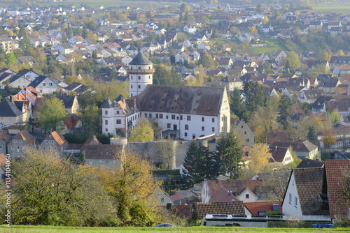 Blick von den Weinbergen bei Rimpar, auf den Ort Rimpar und sein Schloss Grumbach, Landkreis Würzburg, Franken, Unterfranken, Bayern, Deutschland photo