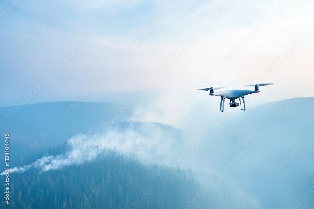 Aerial View of Drone Flying Over Forested Mountain Landscape with Smoke Rising in the Background During a Foggy Day in Nature's Serenity Aerial View of Drone Flying Over Forested Mountain Landscape with Smoke Rising in the Background During a Foggy Day in Nature's Serenity