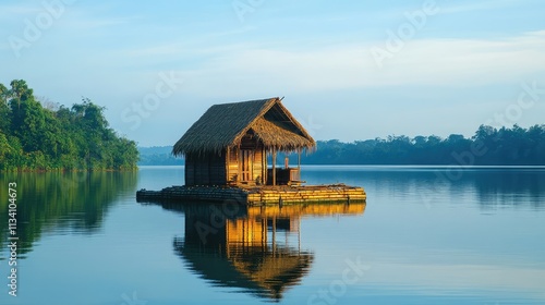 A bamboo raft house floating on a calm lake, with a small thatched shelter on top, creating a picturesque and functional design