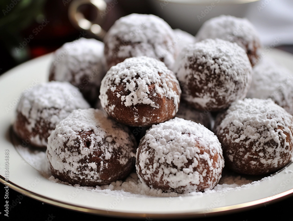 Chocolate Balls with Powdered Sugar on a Plate Chocolate Balls with Powdered Sugar on a Plate