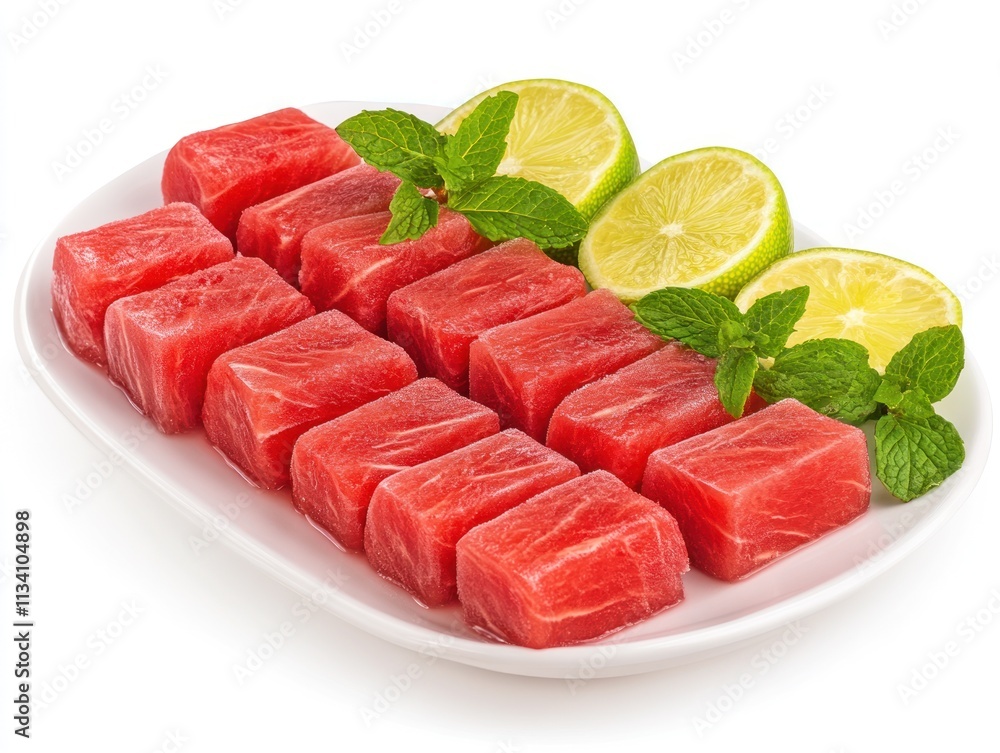 A plate of neatly cut watermelon cubes garnished with lime slices and mint leaves. A plate of neatly cut watermelon cubes garnished with lime slices and mint leaves.
