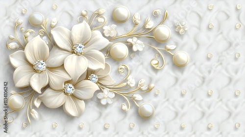Elegant white flowers adorned with pearls and diamonds on a textured background.