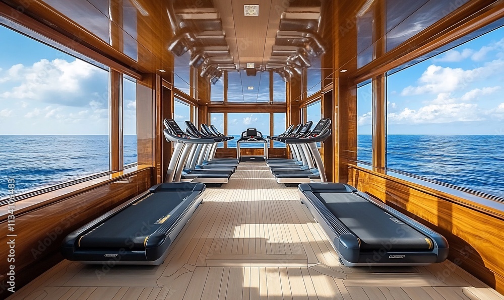 Fototapeta premium Modern gym on a yacht with ocean views and exercise equipment.