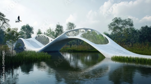 A bio-inspired bridge with arches resembling the graceful curves of a fish body, combining aesthetic beauty with structural integrity