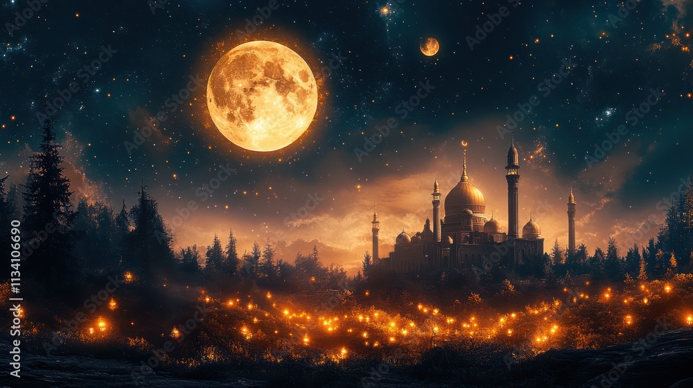 Naklejka premium Enchanted Mosque Under a Giant Moon