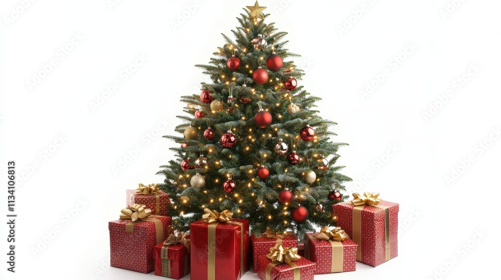 A Beautifully Decorated Christmas Tree with Red and Gold Presents A Beautifully Decorated Christmas Tree with Red and Gold Presents