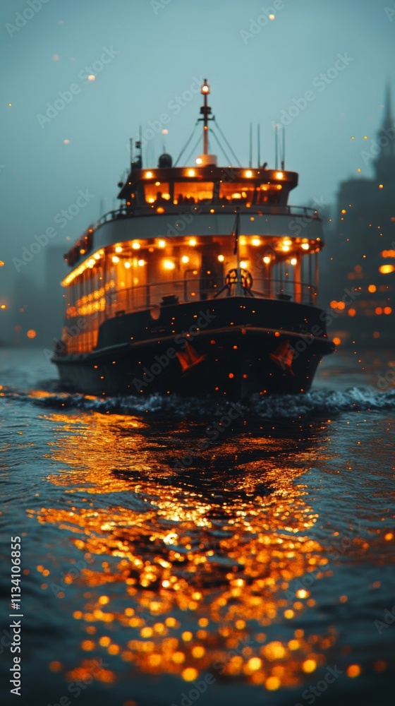 Boat on a glowing river during an evening with warm city lights Boat on a glowing river during an evening with warm city lights