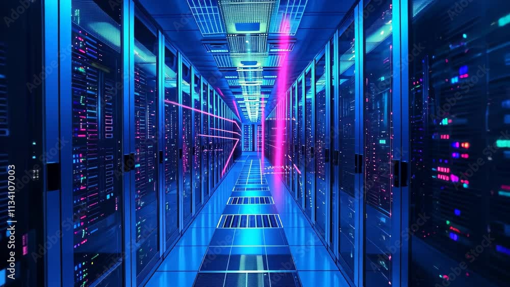 Operation Server Multiple rows of servers in operation in a large data center, with ...