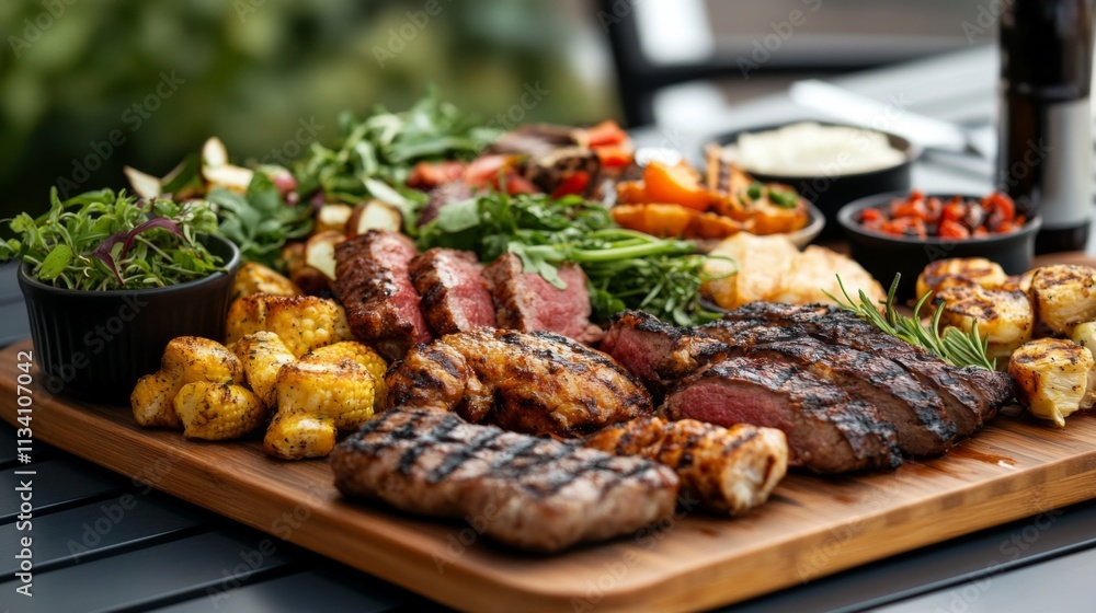 Grilled meat platter with fresh vegetables on a wooden board Grilled meat platter with fresh vegetables on a wooden board