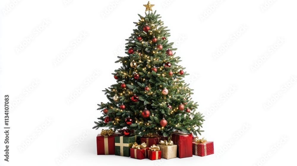 A Majestic Christmas Tree Adorned with Festive Ornaments and Wrapped Gifts A Majestic Christmas Tree Adorned with Festive Ornaments and Wrapped Gifts