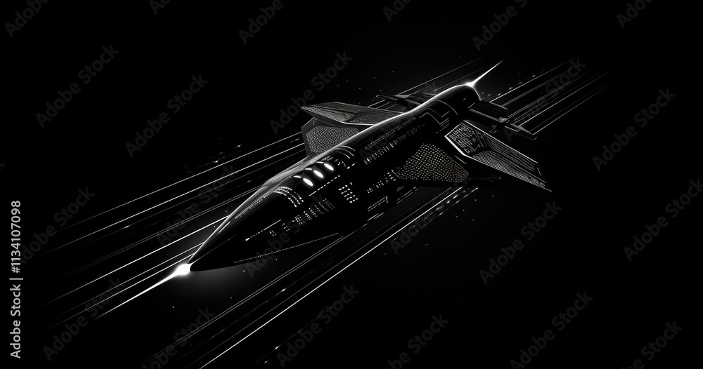 Black silhouette of a spaceship flying in a beautiful background with beautiful rays, speed lines and stars for a vector illustration design Black silhouette of a spaceship flying in a beautiful background with beautiful rays, speed lines and stars for a vector illustration design