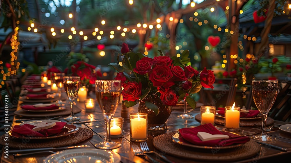 Outdoor evening dining setup with glowing fairy lights, candles, and elegant red roses. Outdoor evening dining setup with glowing fairy lights, candles, and elegant red roses.