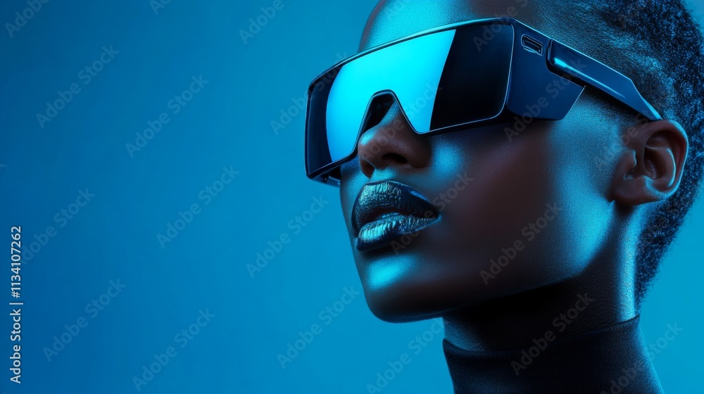 Close-up of a man wearing futuristic black sunglasses in vibrant lighting Close-up of a man wearing futuristic black sunglasses in vibrant lighting