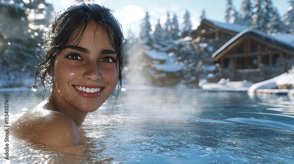 Obraz premium Smiling woman enjoying hot spring in snowy landscape