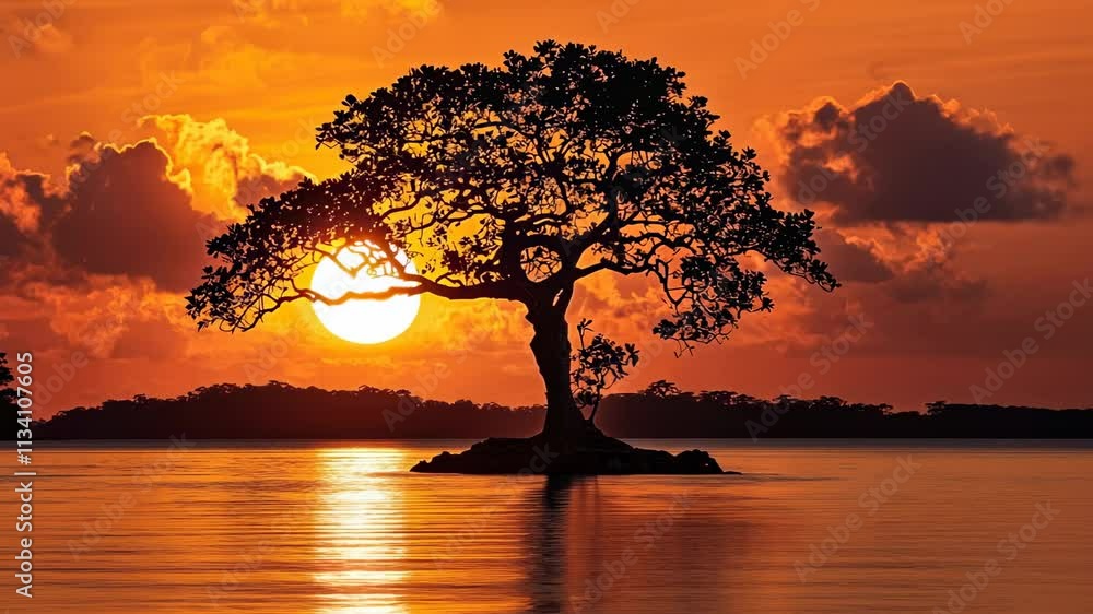 Serene Sunset Over Calm Water with Silhouette of a Lone Tree Serene Sunset Over Calm Water with Silhouette of a Lone Tree