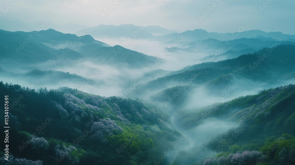 Misty mountain range with lush green valleys Misty mountain range with lush green valleys