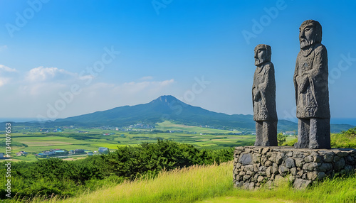 Ancient Statues overlooking Scenic Coastal Mountain