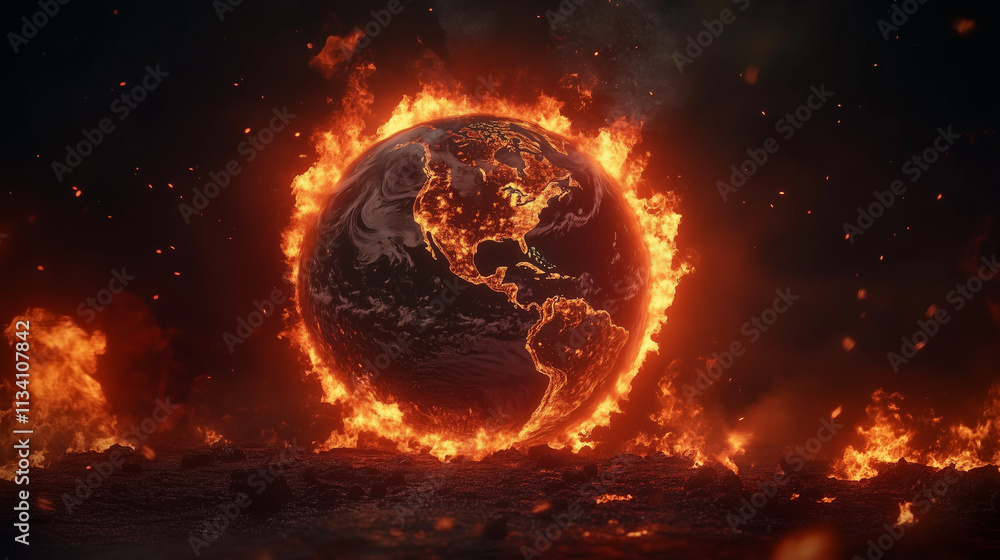 Earth on fire surrounded by flames in dramatic visual representation of climate crisis Earth on fire surrounded by flames in dramatic visual representation of climate crisis