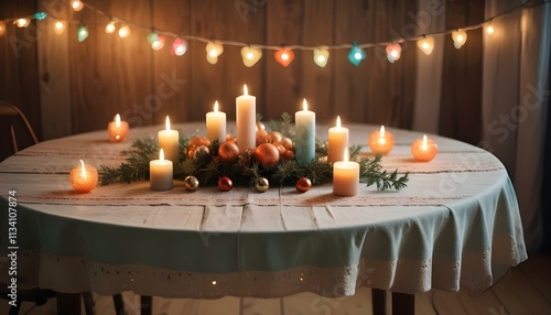 Mesa de madera frente a luces de colores borrosas, lo que sugiere un ambiente festivo o festivo photo