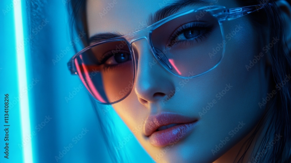 Portrait of a woman wearing futuristic sunglasses in blue light Portrait of a woman wearing futuristic sunglasses in blue light