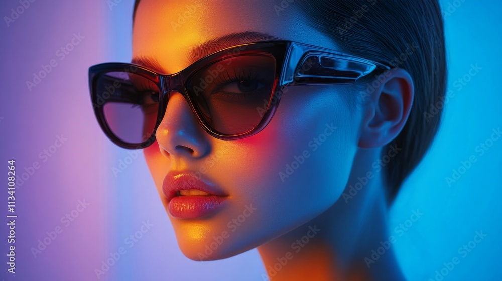 Stylish woman wearing large black sunglasses in neon light Stylish woman wearing large black sunglasses in neon light