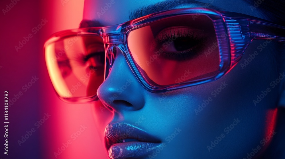 Portrait of a woman with pink neon lighting and reflective sunglasses Portrait of a woman with pink neon lighting and reflective sunglasses