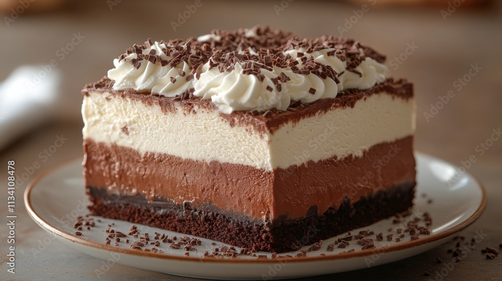 Layered chocolate and cream cake on a plate Layered chocolate and cream cake on a plate