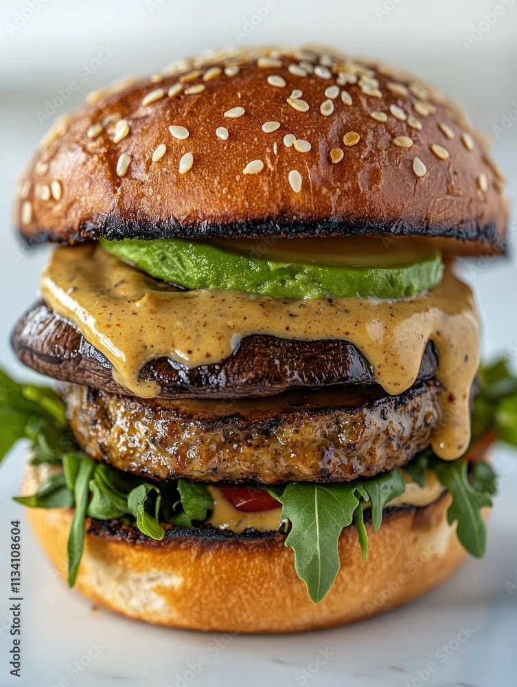 A delicious stacked burger featuring a sesame seed bun, greens, and creamy sauce. A delicious stacked burger featuring a sesame seed bun, greens, and creamy sauce.