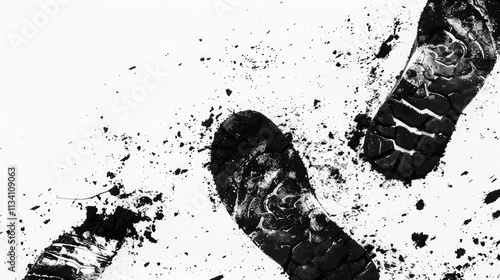 black trails of hike boots footprint, texture dirt, only black and white image, grunge, on white background