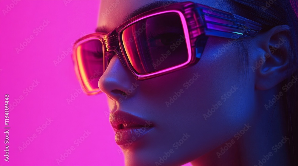 Futuristic woman in pink neon glasses and dramatic lighting Futuristic woman in pink neon glasses and dramatic lighting