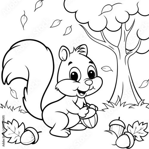 Adorable Autumn Squirrel Coloring Page Acorn, Tree, Leaves, Fall