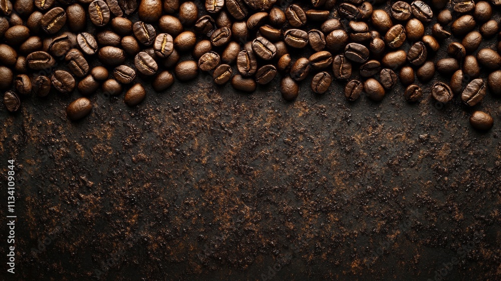Close-up of coffee beans scattered on a rustic dark background Close-up of coffee beans scattered on a rustic dark background