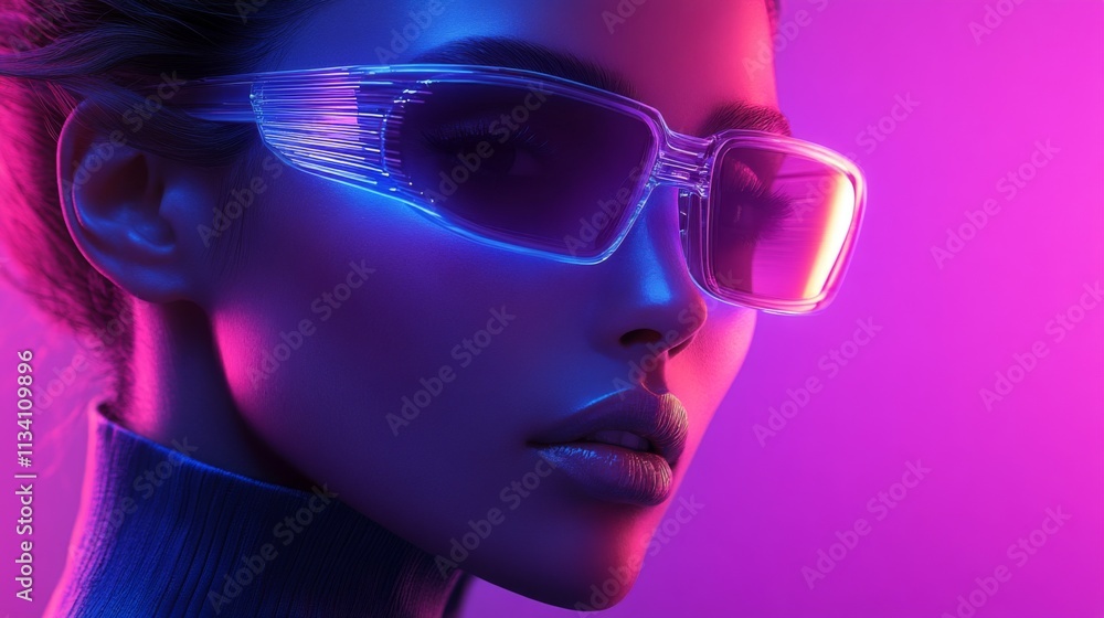 A futuristic portrait of a woman wearing pink glasses with glowing accents A futuristic portrait of a woman wearing pink glasses with glowing accents