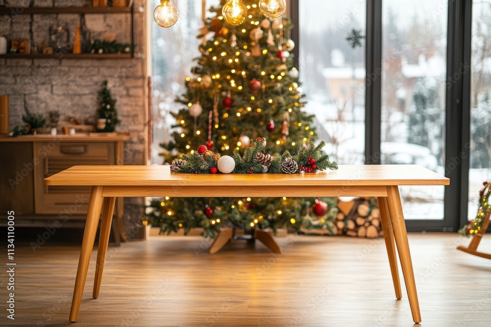 Wooden dining table with Christmas decor. Perfect for holiday-themed websites or cards, showcasing festive cheer. Wooden dining table with Christmas decor. Perfect for holiday-themed websites or cards, showcasing festive cheer.