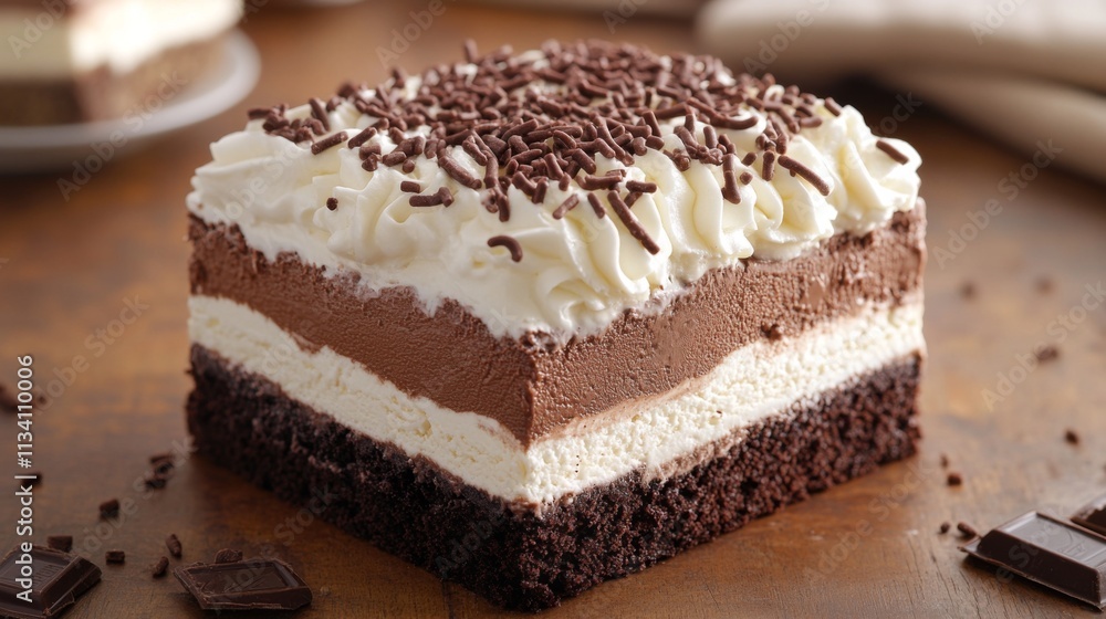 A slice of layered chocolate cake on a dark plate in a cozy setting A slice of layered chocolate cake on a dark plate in a cozy setting