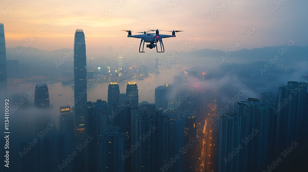Drone flying over a modern city skyline at sunset Drone flying over a modern city skyline at sunset