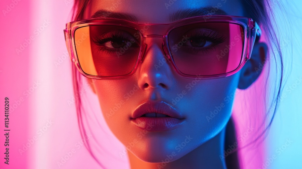 Stylish woman posing in neon lighting with futuristic sunglasses Stylish woman posing in neon lighting with futuristic sunglasses